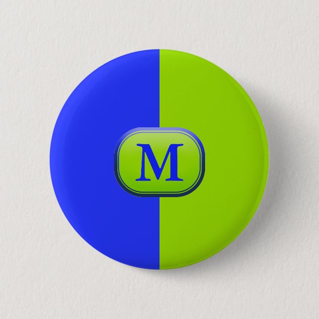 Modern Bright Neon Blue Green Monogram 2 Inch Round Button (Front)