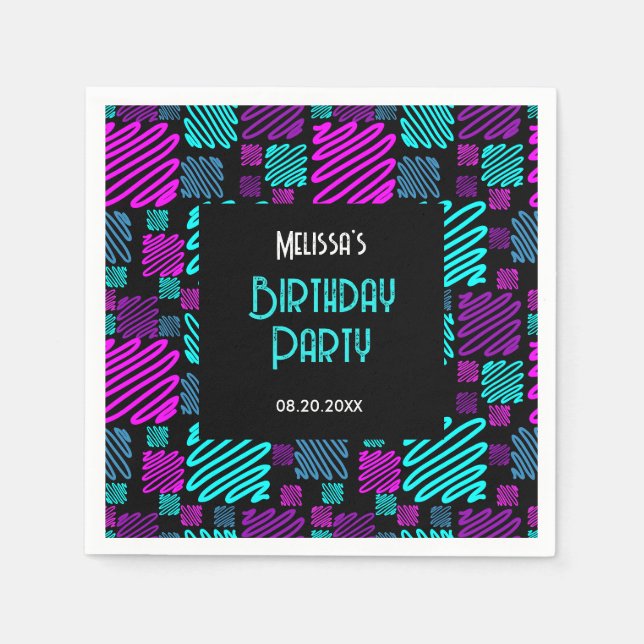 Modern Bright Neon Geometric Pattern Birthday Napkin (Front)