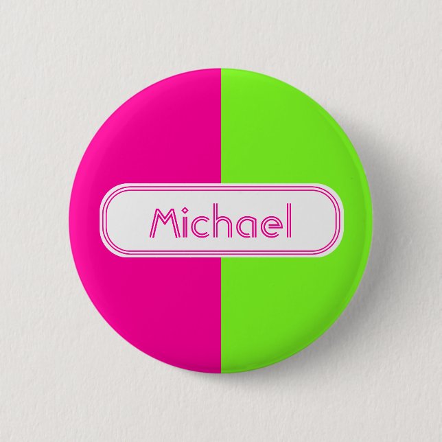 Modern Bright Neon Pink Green Monogram 2 Inch Round Button (Front)