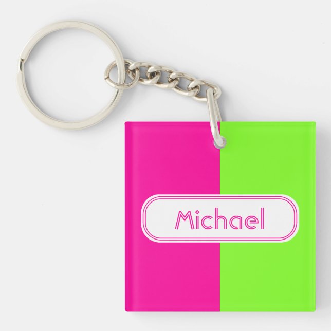 Modern Bright Neon Pink Green Monogram Keychain (Front)
