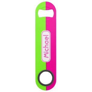 Modern Bright Neon Pink Green Monogram Speed Bottle Opener