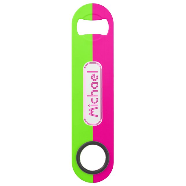 Modern Bright Neon Pink Green Monogram Speed Bottle Opener (Front)