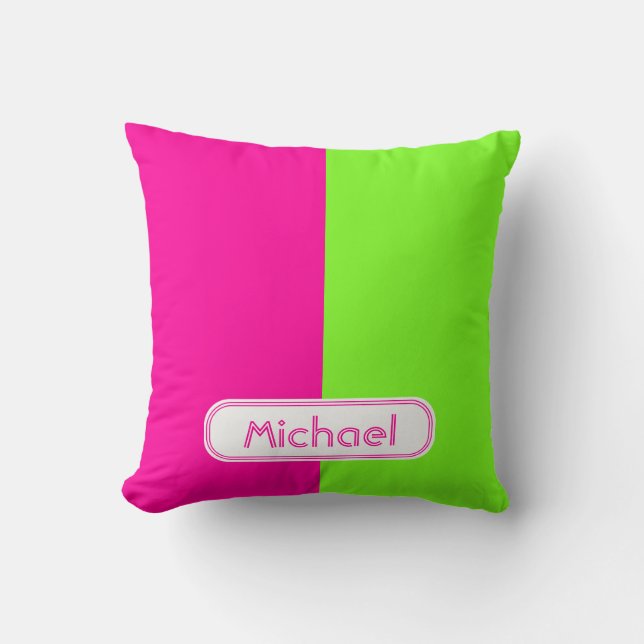 Modern Bright Neon Pink Green Monogram Throw Pillow (Front)