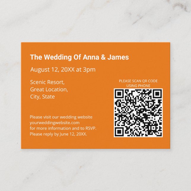 Modern Bright Orange Wedding QR Code Enclosure Card (Front)