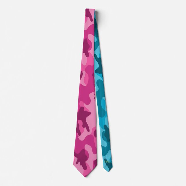 Modern Bright Pink Blue Camo, Monogram Initials Tie (Front)