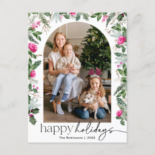 Modern Bright Pink Botanical Arch 1 Photo Holiday Postcard