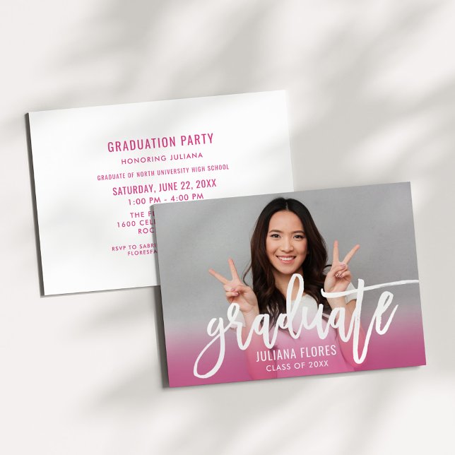 Modern Bright Pink Brushed Script Graduate Photo Invitation (Creator Uploaded)