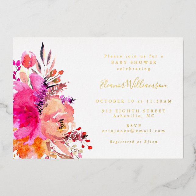 Modern Bright Pink Floral Simple Baby Shower Gold (Front)