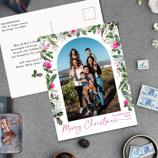 Modern Bright Pink Greenery Arch 1 Photo Holiday Postcard (Creator Uploaded)
