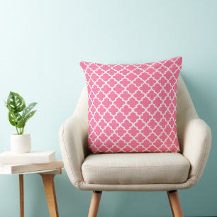Modern Bright Pink Moroccan Quatrefoil Pattern Throw Pillow