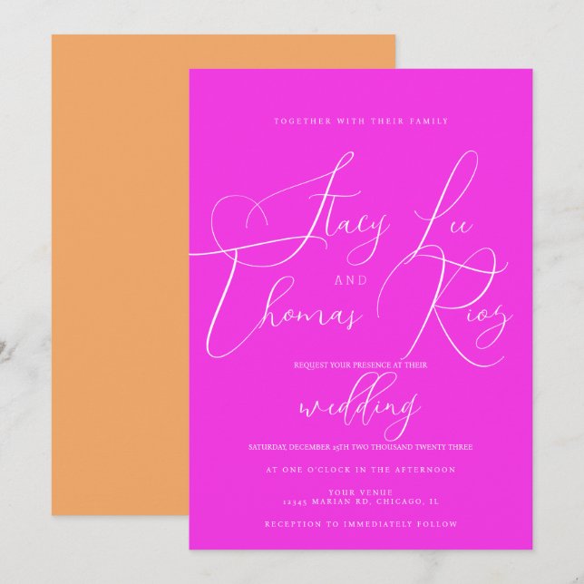 Modern Bright Pink Orange Pretty Script Wedding Invitation (Front/Back)
