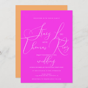Modern Bright Pink Orange Pretty Script Wedding Invitation