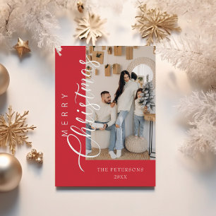 Modern Bright Pink Photo Christmas Greeting Silver Foil Holiday Card
