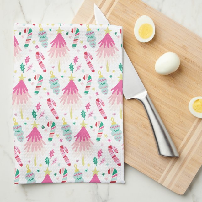 Modern Bright Pink Whimsical Christmas Kitchen Towel (Quarter Fold)