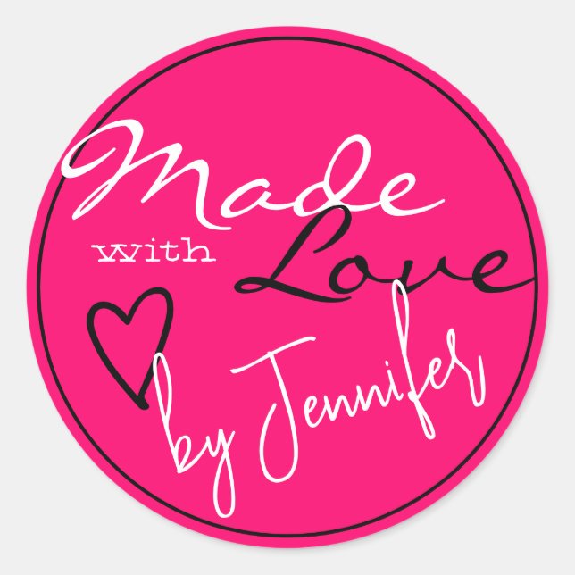 Modern Bright Pink White Made with Love Heart Classic Round Sticker (Front)