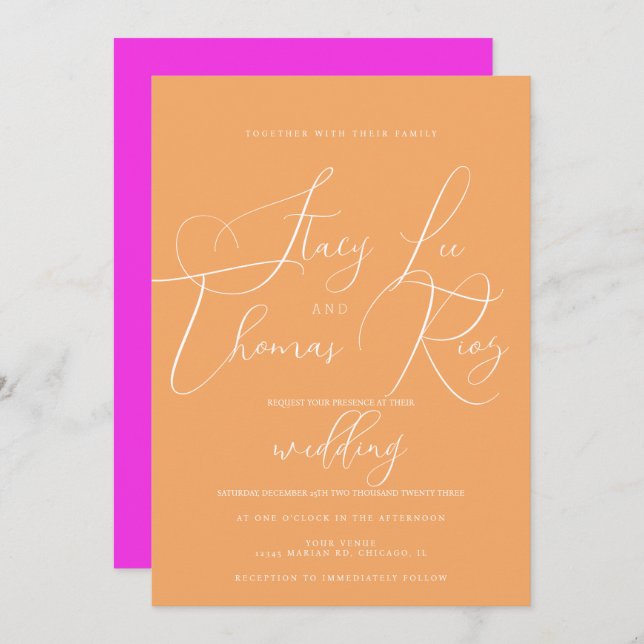 Modern Bright  Pretty Script Orange Pink Wedding Invitation (Front/Back)