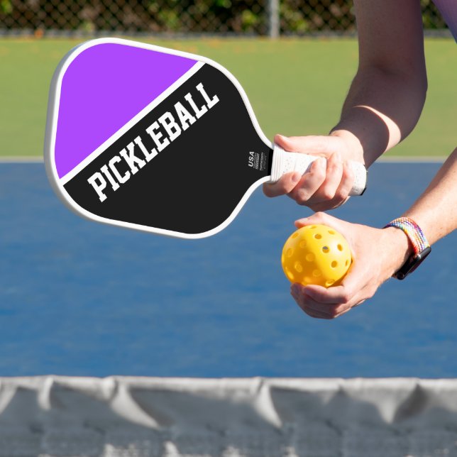Modern Bright Purple Black Diagonal Colour Block Pickleball Paddle (Insitu)