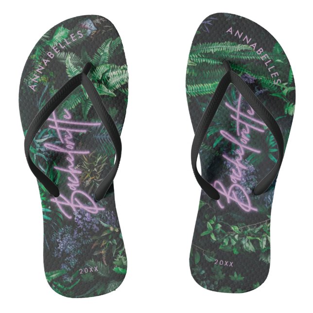 Modern bright purple girly neon bachelorette flip flops (Footbed)
