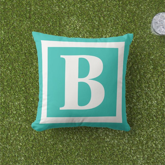 Modern Bright Turquoise White Monogram Outdoor Pillow (Grass)