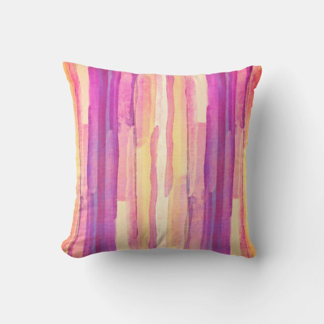 modern bright watercolor stripes purple pink throw pillow (Front)