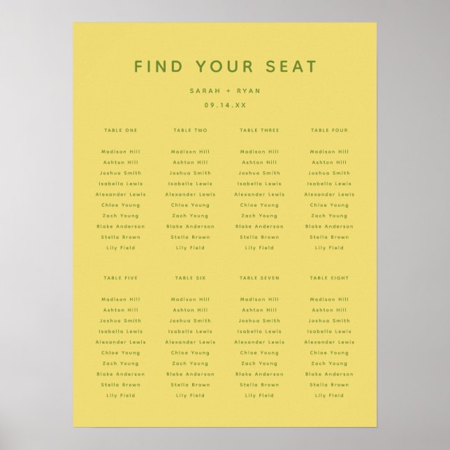 Modern Bright Yellow Wedding 8-Table Seating Chart (Front)