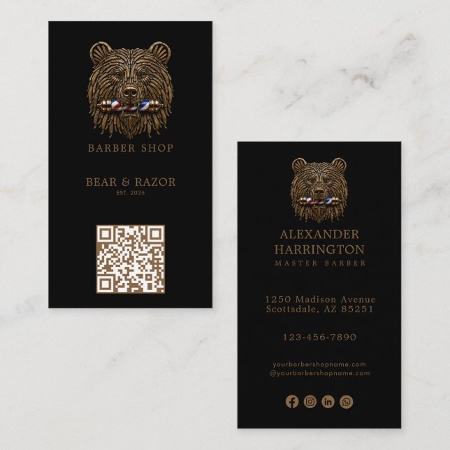 Modern Bronze Bear Barber Shop Logo Qr Code Business Card (Front/Back)