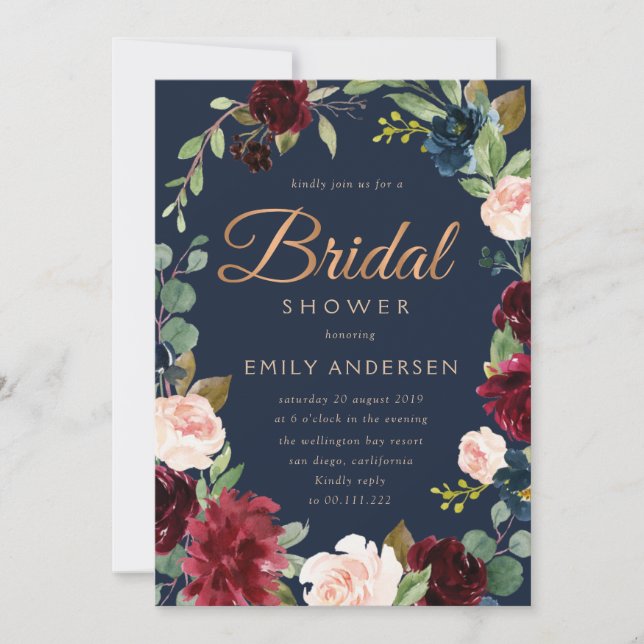 Modern Bronze script burgundy navy bridal shower Invitation (Front)