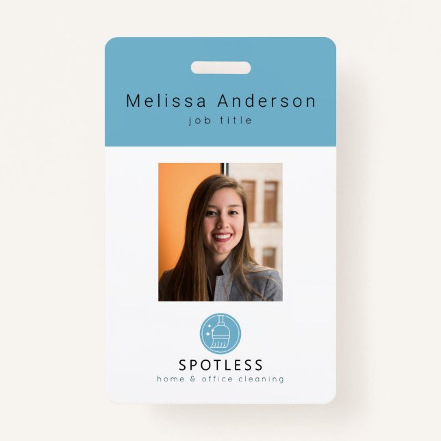 Modern Broom Logo Blue Cleaning Service ID Photo Badge (Front)