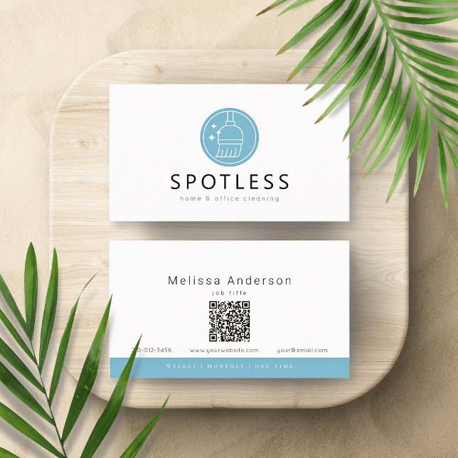 Modern Broom Logo QR Code Cleaning Service Maid Business Card (Creator Uploaded)