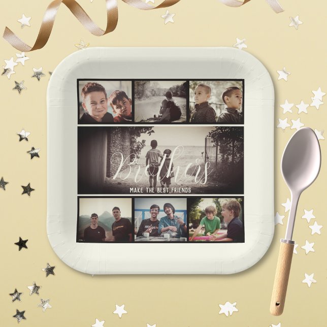 Modern Brother Best Friends Dark Photo Collage Paper Plate (Creator Uploaded)