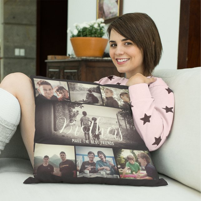 Modern Brother Best Friends Dark Photo Collage Throw Pillow (Creator Uploaded)