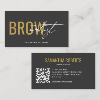 Modern brow artist QR Code grey gold Business Card
