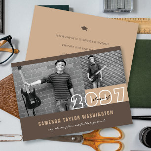 Modern Brown 2 Photo Block Simple Graduation Party Invitation