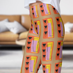 Modern Brown Abstract Block Pattern Leggings