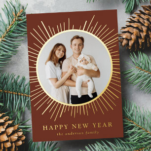 Modern Brown and Gold Sunburst New Year Photo Foil Holiday Card