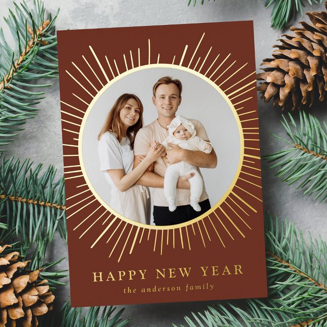 Modern Brown and Gold Sunburst New Year Photo Foil Holiday Card (Creator Uploaded)