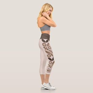 Modern Brown Beige Geometric Pattern Yoga Capri Leggings