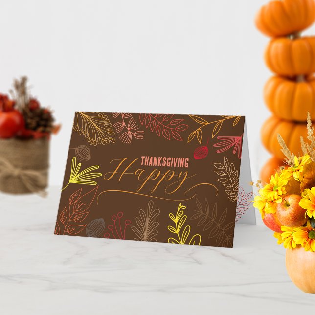 Modern Brown Botanical Line Art Fall Thanksgiving Card (Creator Uploaded)