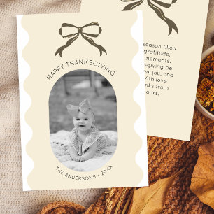 Modern Brown Bow Scalloped Thanksgiving Photo Holiday Card