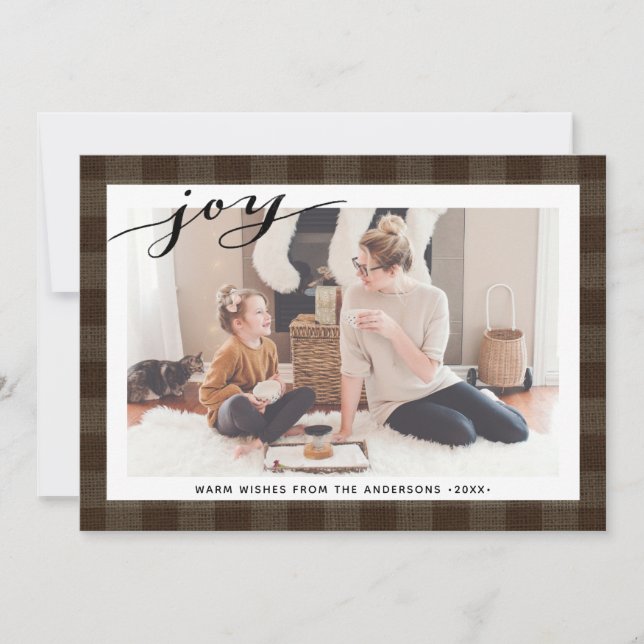 Modern Brown Buffalo Plaid Elegant Script Simple Holiday Card (Front)