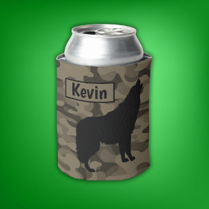 Modern Brown Camo Black Wolf Silhouette Monogram Can Cooler