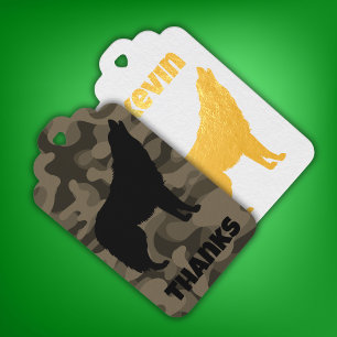 Modern Brown Camo Black Wolf Silhouette Monogram Gift Tags