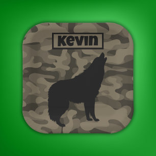 Modern Brown Camo Black Wolf Silhouette Monogram Paper Plate