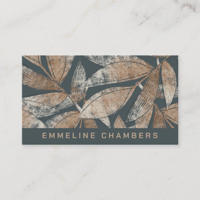 Modern Brown Charcoal Grey Leaf Pattern Business Card (Front)