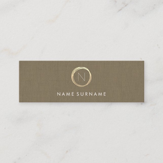 Modern Brown Classic Linen Elegant Gold Monogram Mini Business Card (Front)