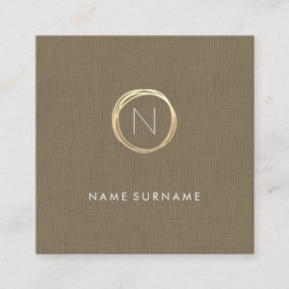 Modern Brown Classic Linen Elegant Gold Monogram Square Business Card