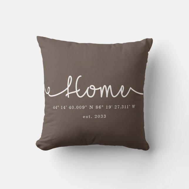 Modern Brown Cute Custom Home GPS Coordinates Throw Pillow (Front)