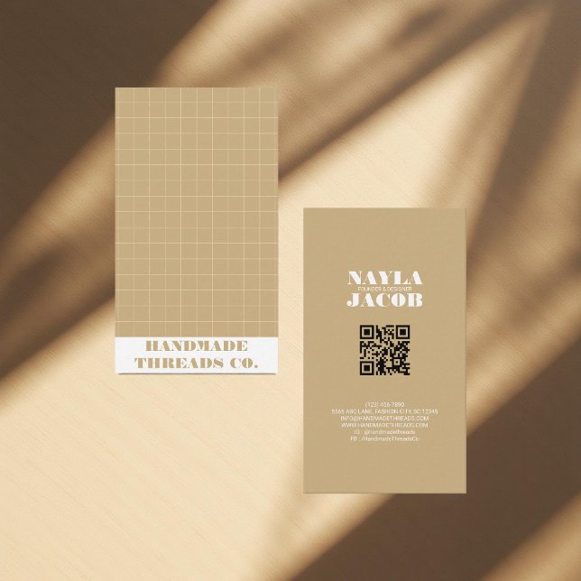 Modern Brown Earth Tone Chequered Pattern QR Code  Business Card (Creator Uploaded)