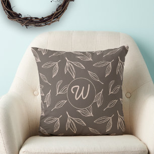 Modern Brown Foliage Monogram  Throw Pillow