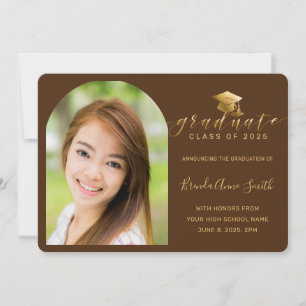 Modern Brown Gold Cap Script Arch Photo Graduation Announcement